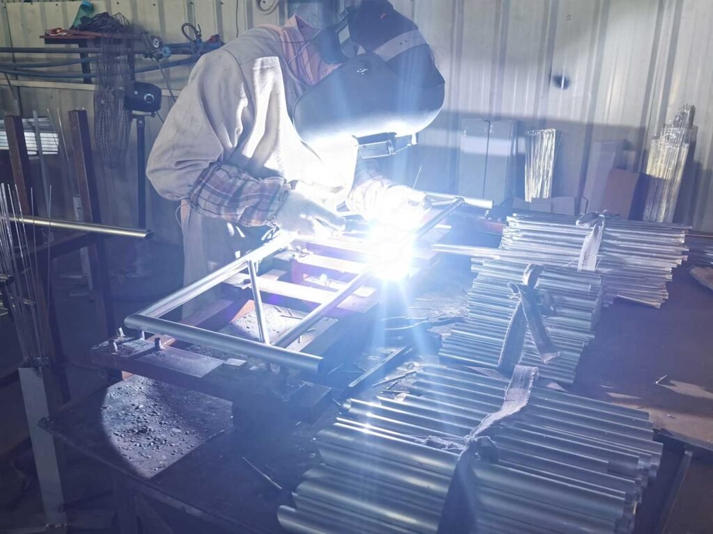 a worker is welding outdoor furniture